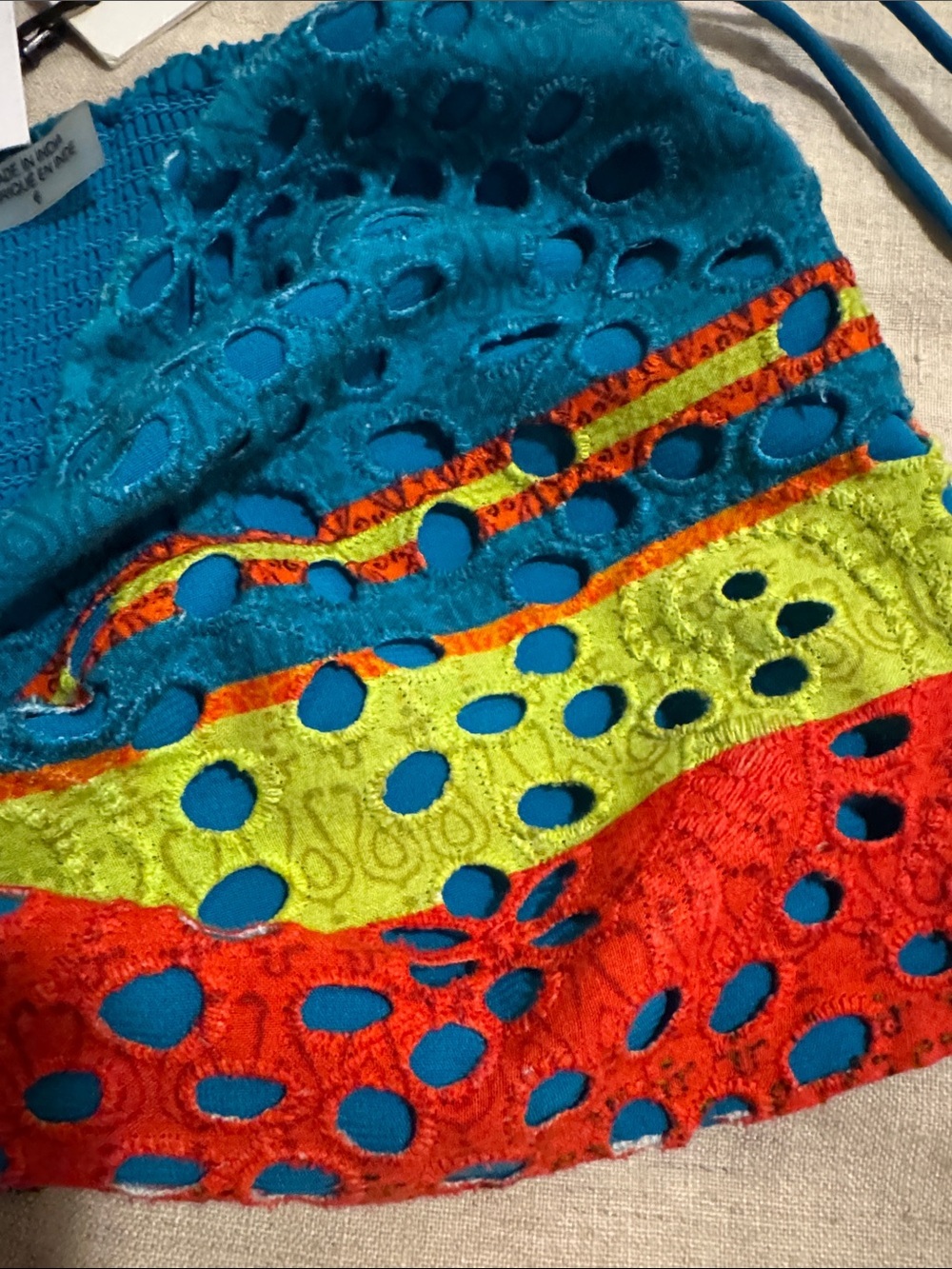 Alice + Olivia Teal Bandeau Top with Red and Lime Eyelet Panels - Picture 3 of 6